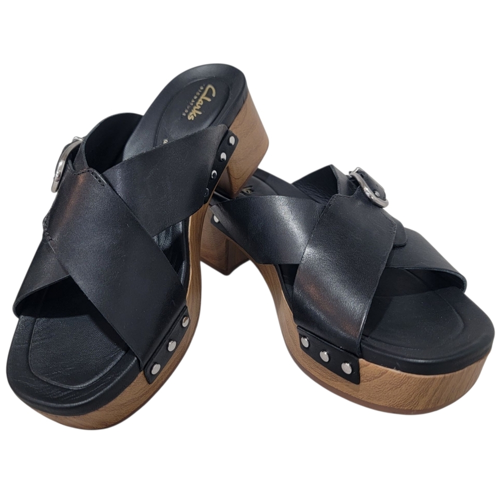 Clarks Sivanne Walk Wedge Sandal Black Leather Slip On Clog Slide Women’s 8.5 - Picture 3 of 17